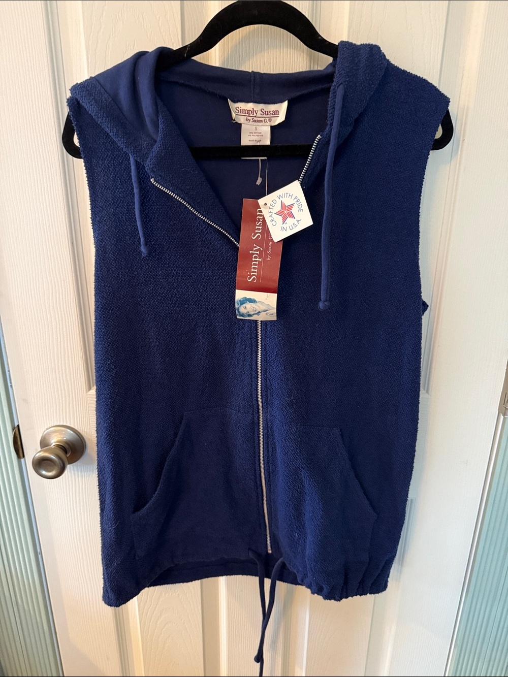 Susan Graver Sleeveless Hooded Zip Vest in Deep Blue